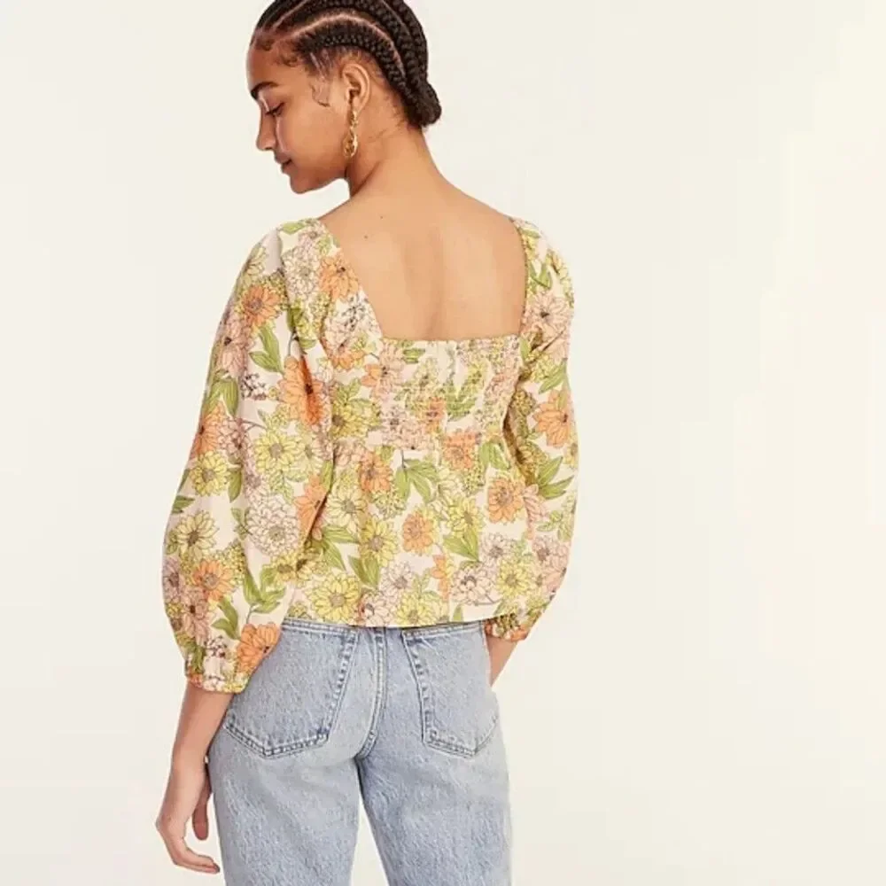 J Crew Smocked Top 14 Zinnia Floral Square Neck Peasant Cottagecore